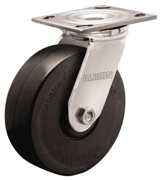 Albion - 5" Diam x 2" Wide x 6-1/2" OAH Top Plate Mount Swivel Caster - Polypropylene, 550 Lb Capacity, Roller Bearing, 4 x 4-1/2" Plate - Exact Tooling