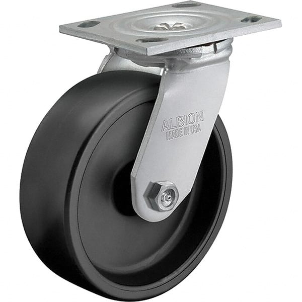 Albion - 8" Diam x 2" Wide x 9-1/2" OAH Top Plate Mount Swivel Caster - Polypropylene, 850 Lb Capacity, Roller Bearing, 4 x 4-1/2" Plate - Exact Tooling