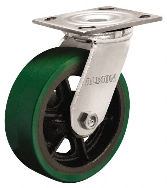 Albion - 8" Diam x 2" Wide x 9-1/2" OAH Top Plate Mount Swivel Caster - Polyurethane, 1,250 Lb Capacity, Roller Bearing, 4 x 4-1/2" Plate - Exact Tooling