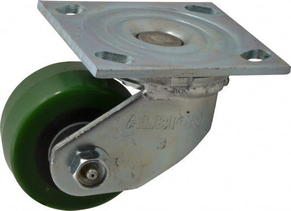 Albion - 3-1/4" Diam x 1-5/8" Wide x 4-1/4" OAH Top Plate Mount Swivel Caster - Polyurethane, 420 Lb Capacity, Roller Bearing, 4 x 4-1/2" Plate - Exact Tooling