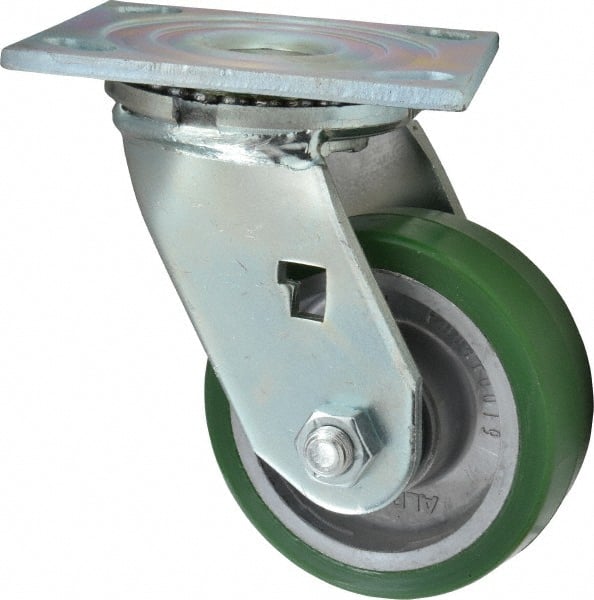 Albion - 4" Diam x 1-1/2" Wide x 5-5/8" OAH Top Plate Mount Swivel Caster - Polyurethane, 600 Lb Capacity, Roller Bearing, 4 x 4-1/2" Plate - Exact Tooling