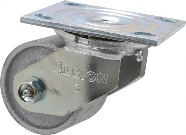 Albion - 3-1/4" Diam x 2-3/16" Wide x 4-1/4" OAH Top Plate Mount Swivel Caster - Cast Iron, 700 Lb Capacity, Roller Bearing, 4 x 4-1/2" Plate - Exact Tooling