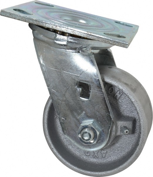 Albion - 4" Diam x 2" Wide x 5-5/8" OAH Top Plate Mount Swivel Caster - Cast Iron, 700 Lb Capacity, Roller Bearing, 4 x 4-1/2" Plate - Exact Tooling