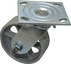 Albion - 5" Diam x 2" Wide x 6-1/2" OAH Top Plate Mount Swivel Caster - Cast Iron, 1,000 Lb Capacity, Roller Bearing, 4 x 4-1/2" Plate - Exact Tooling