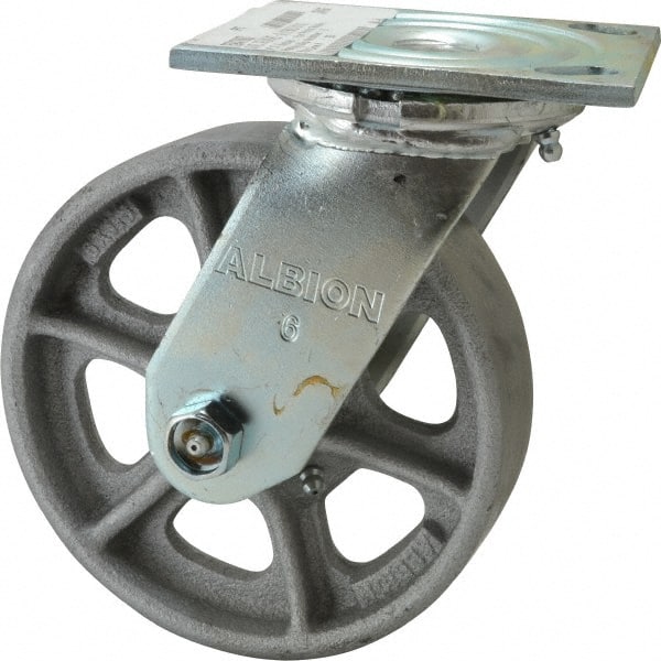 Albion - 6" Diam x 1-1/2" Wide x 7-1/4" OAH Top Plate Mount Swivel Caster - Cast Iron, 800 Lb Capacity, Roller Bearing, 4 x 4-1/2" Plate - Exact Tooling
