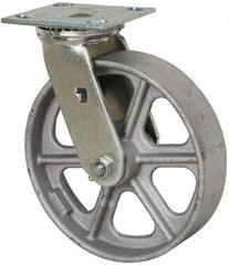 Albion - 8" Diam x 2" Wide x 9-1/2" OAH Top Plate Mount Swivel Caster - Cast Iron, 1,250 Lb Capacity, Roller Bearing, 4 x 4-1/2" Plate - Exact Tooling