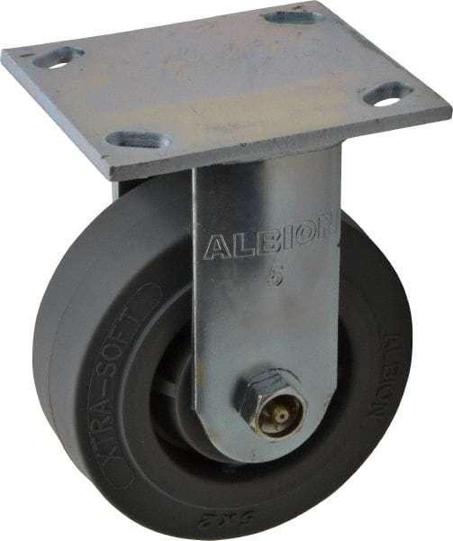Albion - 5" Diam x 2" Wide x 6-1/2" OAH Top Plate Mount Rigid Caster - Soft Rubber, 350 Lb Capacity, Roller Bearing, 4 x 4-1/2" Plate - Exact Tooling