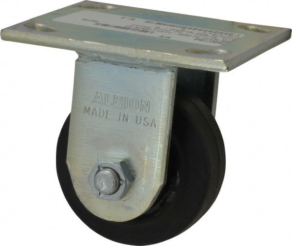 Albion - 3-1/4" Diam x 2" Wide x 4-1/4" OAH Top Plate Mount Rigid Caster - Rubber, 140 Lb Capacity, Roller Bearing, 4 x 4-1/2" Plate - Exact Tooling