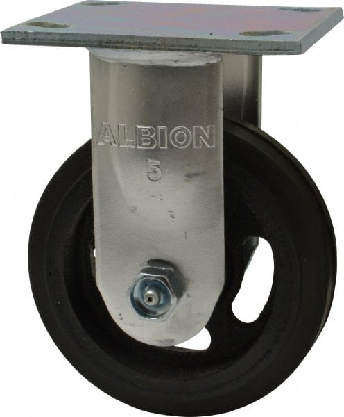 Albion - 5" Diam x 1-1/2" Wide x 6-1/2" OAH Top Plate Mount Rigid Caster - Rubber, 300 Lb Capacity, Roller Bearing, 4 x 4-1/2" Plate - Exact Tooling