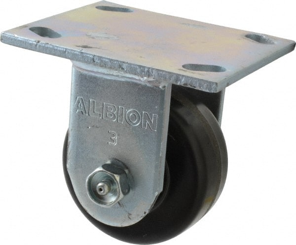 Albion - 3-1/4" Diam x 1-1/2" Wide x 4-1/4" OAH Top Plate Mount Rigid Caster - Phenolic, 600 Lb Capacity, Roller Bearing, 4 x 4-1/2" Plate - Exact Tooling