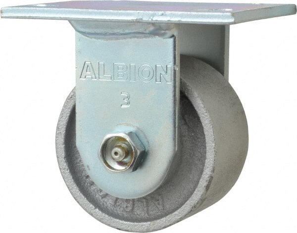 Albion - 3-1/4" Diam x 2" Wide x 4-1/4" OAH Top Plate Mount Rigid Caster - Cast Iron, 700 Lb Capacity, Roller Bearing, 4 x 4-1/2" Plate - Exact Tooling