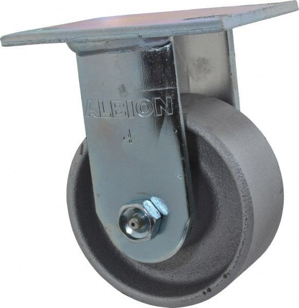 Albion - 4" Diam x 2" Wide x 5-5/8" OAH Top Plate Mount Rigid Caster - Cast Iron, 700 Lb Capacity, Roller Bearing, 4 x 4-1/2" Plate - Exact Tooling