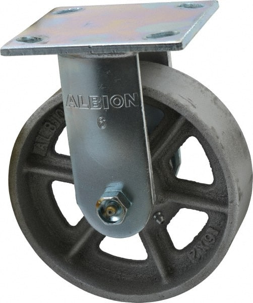 Albion - 6" Diam x 2" Wide x 7-1/4" OAH Top Plate Mount Rigid Caster - Cast Iron, 900 Lb Capacity, Roller Bearing, 4 x 4-1/2" Plate - Exact Tooling
