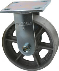 Albion - 6" Diam x 2" Wide x 7-1/4" OAH Top Plate Mount Rigid Caster - Cast Iron, 900 Lb Capacity, Roller Bearing, 4 x 4-1/2" Plate - Exact Tooling
