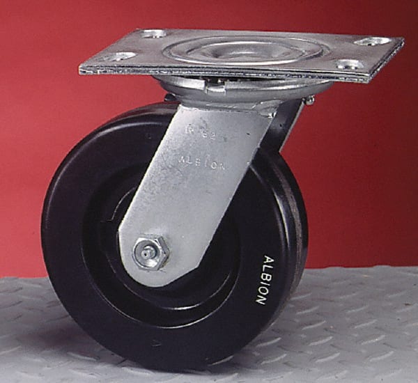 Albion - 8" Diam x 2" Wide x 10-1/8" OAH Top Plate Mount Swivel Caster - Polyurethane, 1,500 Lb Capacity, Roller Bearing, 4-1/2 x 6-1/4" Plate - Exact Tooling