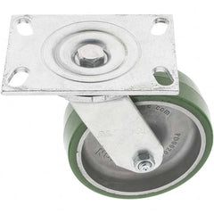Albion - 6" Diam x 2" Wide x 7-1/2" OAH Top Plate Mount Swivel Caster - Polyurethane, 1,500 Lb Capacity, Roller Bearing, 4-1/2 x 6-1/4" Plate - Exact Tooling