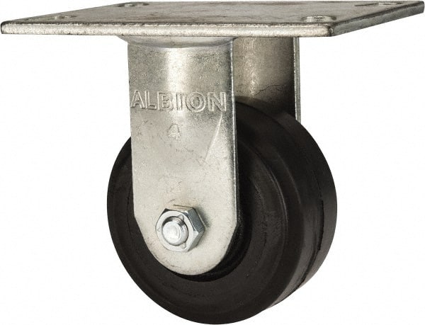 Albion - 4" Diam x 2" Wide x 5-5/8" OAH Top Plate Mount Rigid Caster - Rubber, 350 Lb Capacity, Roller Bearing, 4-1/2 x 6-1/4" Plate - Exact Tooling