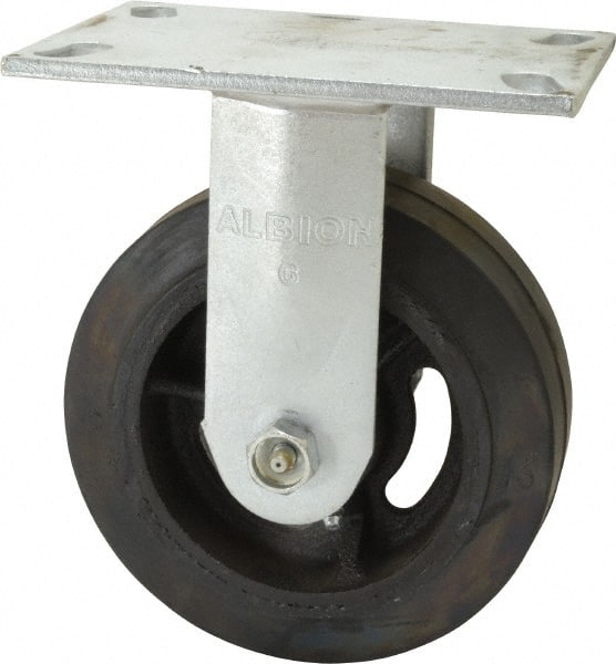 Albion - 6" Diam x 2" Wide x 7-1/2" OAH Top Plate Mount Rigid Caster - Rubber, 1,400 Lb Capacity, Roller Bearing, 4-1/2 x 6-1/4" Plate - Exact Tooling