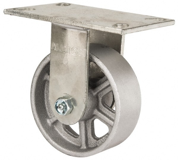 Albion - 5" Diam x 2" Wide x 6-1/2" OAH Top Plate Mount Rigid Caster - Cast Iron, 1,400 Lb Capacity, Roller Bearing, 4-1/2 x 6-1/4" Plate - Exact Tooling