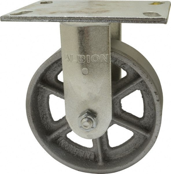 Albion - 6" Diam x 2" Wide x 7-1/2" OAH Top Plate Mount Rigid Caster - Cast Iron, 1,400 Lb Capacity, Roller Bearing, 4-1/2 x 6-1/4" Plate - Exact Tooling
