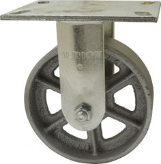 Albion - 6" Diam x 2" Wide x 7-1/2" OAH Top Plate Mount Rigid Caster - Cast Iron, 1,400 Lb Capacity, Roller Bearing, 4-1/2 x 6-1/4" Plate - Exact Tooling