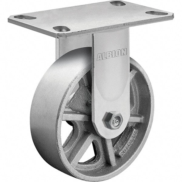 Albion - 8" Diam x 2" Wide x 10-1/8" OAH Top Plate Mount Rigid Caster - Cast Iron, 1,400 Lb Capacity, Roller Bearing, 4-1/2 x 6-1/4" Plate - Exact Tooling