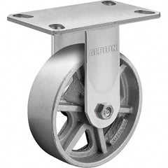 Albion - 8" Diam x 2" Wide x 10-1/8" OAH Top Plate Mount Rigid Caster - Cast Iron, 1,400 Lb Capacity, Roller Bearing, 4-1/2 x 6-1/4" Plate - Exact Tooling