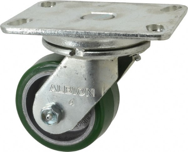 Albion - 4" Diam x 2" Wide x 5-5/8" OAH Top Plate Mount Swivel Caster - Polyurethane, 700 Lb Capacity, Roller Bearing, 4-1/2 x 6-1/4" Plate - Exact Tooling