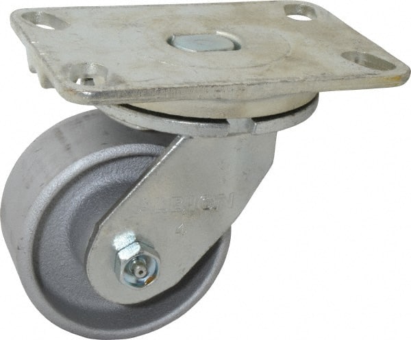 Albion - 4" Diam x 2" Wide x 5-5/8" OAH Top Plate Mount Swivel Caster - Cast Iron, 700 Lb Capacity, Roller Bearing, 4-1/2 x 6-1/4" Plate - Exact Tooling