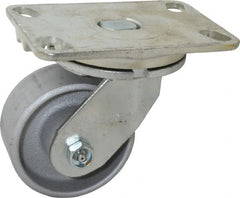 Albion - 4" Diam x 2" Wide x 5-5/8" OAH Top Plate Mount Swivel Caster - Cast Iron, 700 Lb Capacity, Roller Bearing, 4-1/2 x 6-1/4" Plate - Exact Tooling