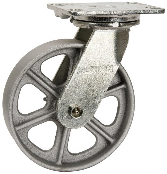 Albion - 8" Diam x 2" Wide x 10-1/8" OAH Top Plate Mount Swivel Caster - Cast Iron, 1,400 Lb Capacity, Roller Bearing, 4-1/2 x 6-1/4" Plate - Exact Tooling