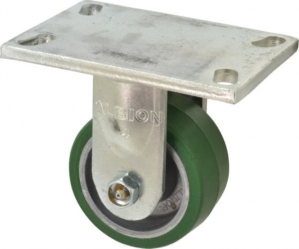 Albion - 4" Diam x 2" Wide x 5-5/8" OAH Top Plate Mount Rigid Caster - Polyurethane, 700 Lb Capacity, Roller Bearing, 5 x 6-1/4" Plate - Exact Tooling