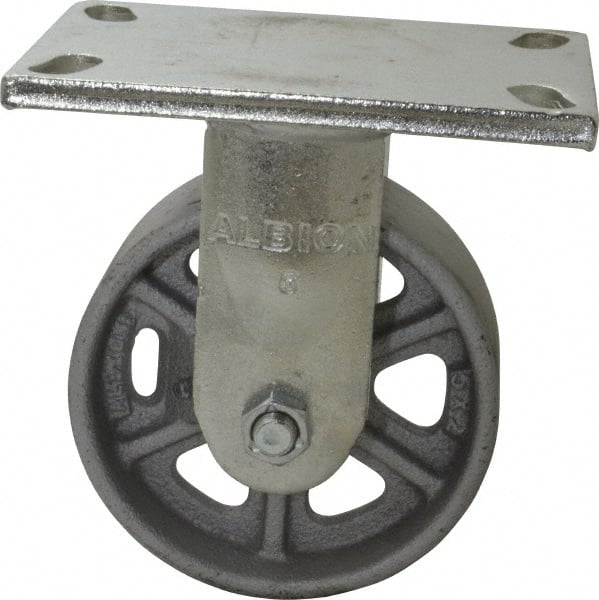 Albion - 5" Diam x 2" Wide x 6-1/2" OAH Top Plate Mount Rigid Caster - Cast Iron, 1,000 Lb Capacity, Roller Bearing, 5 x 6-1/4" Plate - Exact Tooling