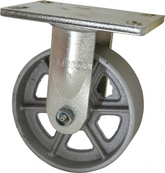 Albion - 6" Diam x 2" Wide x 7-1/2" OAH Top Plate Mount Rigid Caster - Cast Iron, 1,200 Lb Capacity, Roller Bearing, 5 x 6-1/4" Plate - Exact Tooling