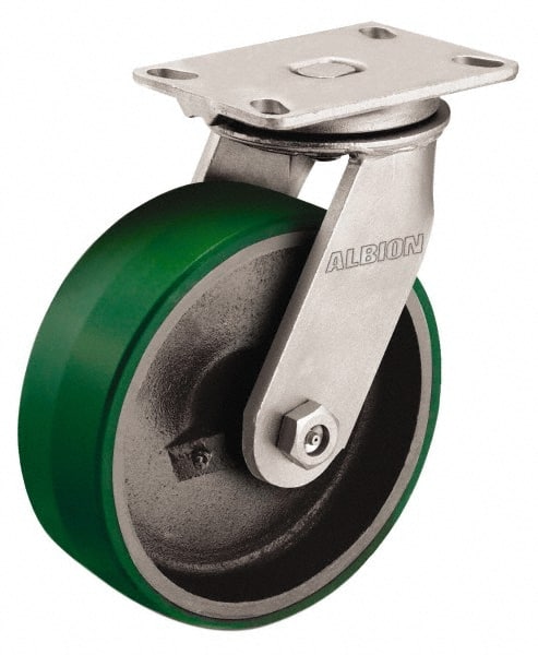 Albion - 4" Diam x 3-1/4" Wide x 5-1/2" OAH Top Plate Mount Swivel Caster - Polyurethane, 1,200 Lb Capacity, Roller Bearing, 4-1/2 x 6-1/4" Plate - Exact Tooling
