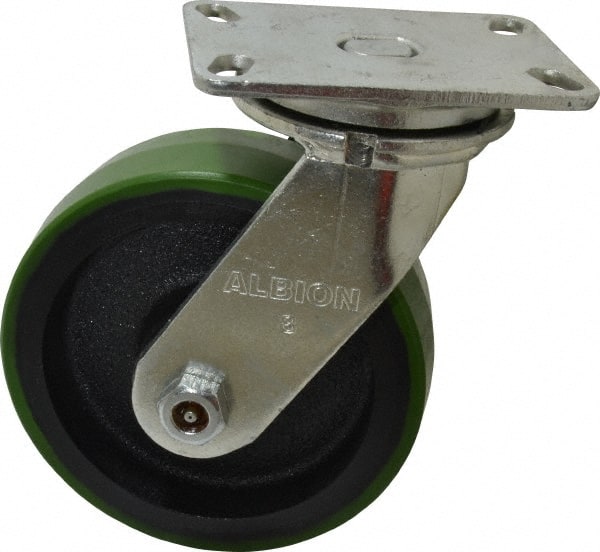 Albion - 8" Diam x 2-1/2" Wide x 10-1/8" OAH Top Plate Mount Swivel Caster - Polyurethane, 2,000 Lb Capacity, Roller Bearing, 4-1/2 x 6-1/4" Plate - Exact Tooling