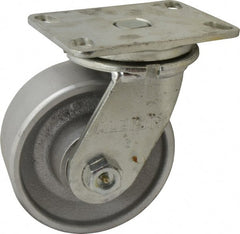 Albion - 6" Diam x 2-1/2" Wide x 7-5/8" OAH Top Plate Mount Swivel Caster - Cast Iron, 2,000 Lb Capacity, Roller Bearing, 4-1/2 x 6-1/4" Plate - Exact Tooling