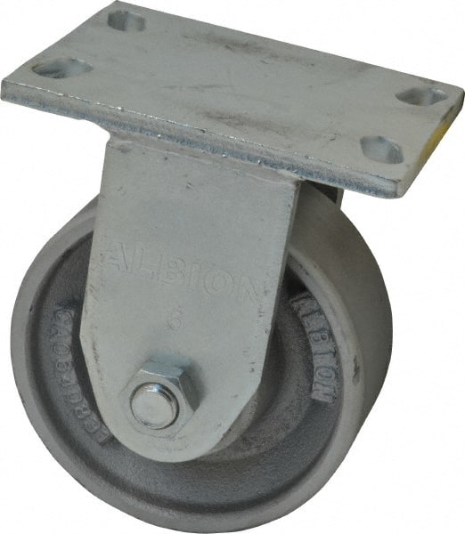 Albion - 6" Diam x 2-1/2" Wide x 7-5/8" OAH Top Plate Mount Rigid Caster - Cast Iron, 2,000 Lb Capacity, Roller Bearing, 5 x 6-1/4" Plate - Exact Tooling
