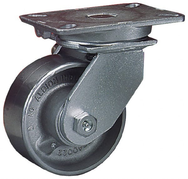 Albion - 8" Diam x 3" Wide x 10-1/2" OAH Top Plate Mount Swivel Caster - Cast Iron, 2,800 Lb Capacity, Roller Bearing, 5-1/4 x 7-1/4" Plate - Exact Tooling