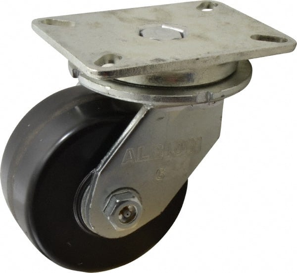 Albion - 6" Diam x 3" Wide x 8" OAH Top Plate Mount Swivel Caster - Phenolic, 2,000 Lb Capacity, Roller Bearing, 5-1/4 x 7-1/4" Plate - Exact Tooling