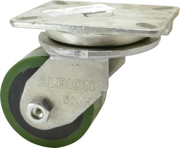 Albion - 5" Diam x 3" Wide x 7" OAH Top Plate Mount Swivel Caster - Polyurethane, 1,530 Lb Capacity, Roller Bearing, 5-1/4 x 7-1/4" Plate - Exact Tooling