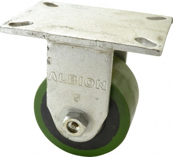 Albion - 5" Diam x 3" Wide x 7" OAH Top Plate Mount Rigid Caster - Polyurethane, 1,530 Lb Capacity, Roller Bearing, 5 x 7-1/4" Plate - Exact Tooling