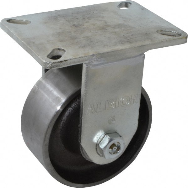 Albion - 6" Diam x 2-1/2" Wide x 8" OAH Top Plate Mount Rigid Caster - Forged Steel, 3,500 Lb Capacity, Roller Bearing, 5 x 7-1/4" Plate - Exact Tooling