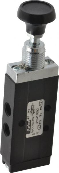 Parker - 0.20 CV Rate, 1/8" NPT Inlet Direct Air 2 Mechanical Spool Valve - 4 Way, 2 Position, 150 Max psi, Button Spring Return - Exact Tooling