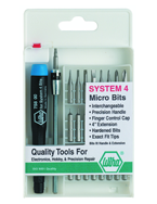 27 Piece - System 4 Micro Bit Interchangeable Set - #75991 - Includes: Handle and Slotted; Phillips; Torx®; Hex Inch Micro Bits. 105mm Bit Extension - In Compact Fold Out Box - Exact Tooling
