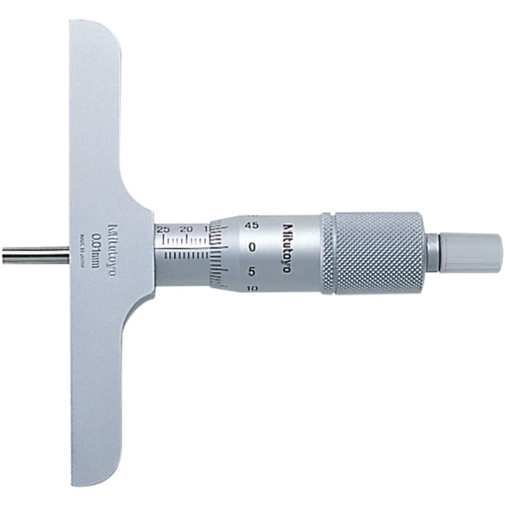 Mitutoyo - Mechanical Depth Micrometers; Minimum Measurement (mm): 0 ; Maximum Measurement (mm): 25 ; Base Length (Decimal Inch): 63.5000 ; Features: 4mm diameter measuring rod, ratchet stop for constant force ; Rod Type: Extension Rod ; Number of Rods: 1 - Exact Tooling