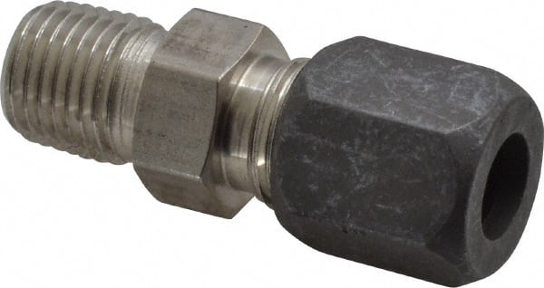 Made in USA - 3/8" OD, Grade 316Stainless Steel Male Connector - -75 to 750°F, 5/8" Hex, Comp x MPT Ends - Exact Tooling