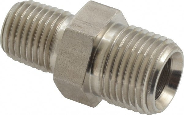 Made in USA - 3/8 x 1/4" Grade 316 Stainless Steel Pipe Hex Nipple - MNPTF x MNPTF End Connections - Exact Tooling