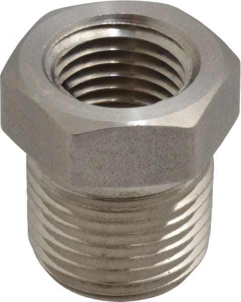 Made in USA - 3/8 x 1/4" Grade 316 Stainless Steel Pipe Hex Bushing - MNPTF x FNPTF End Connections - Exact Tooling