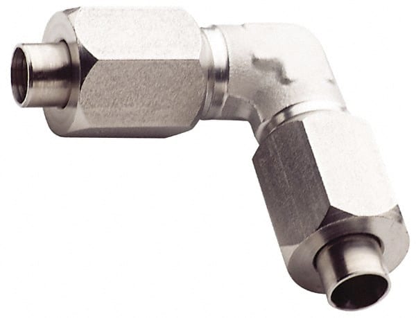Made in USA - 1/4" Tube OD, 37° Stainless Steel Flared Tube Union Elbow - 1/8-27 NPTF, Flare x Flare Ends - Exact Tooling